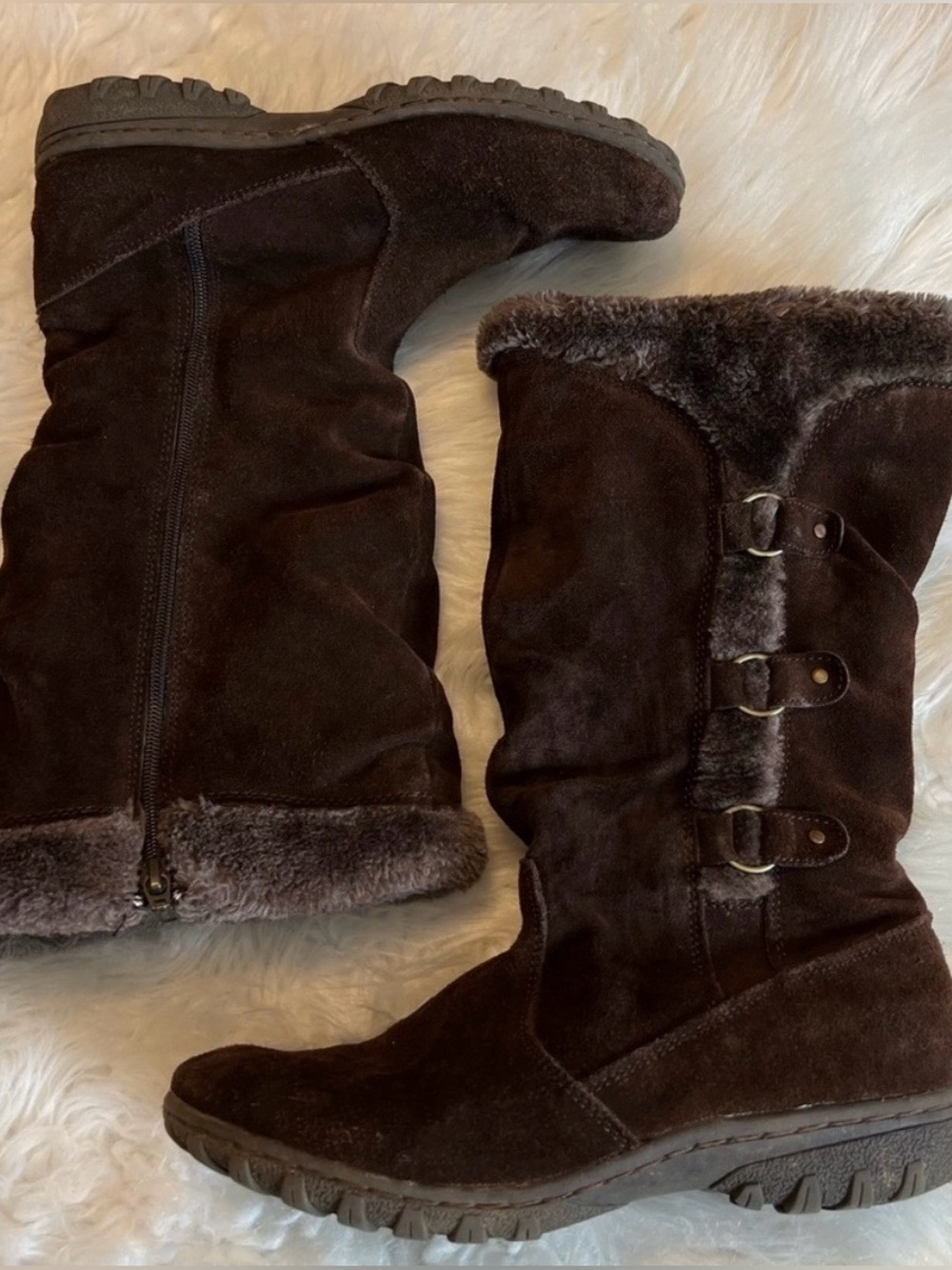 Suede Fur-Trim Buckle Mid-Calf Boots - Dark Brown